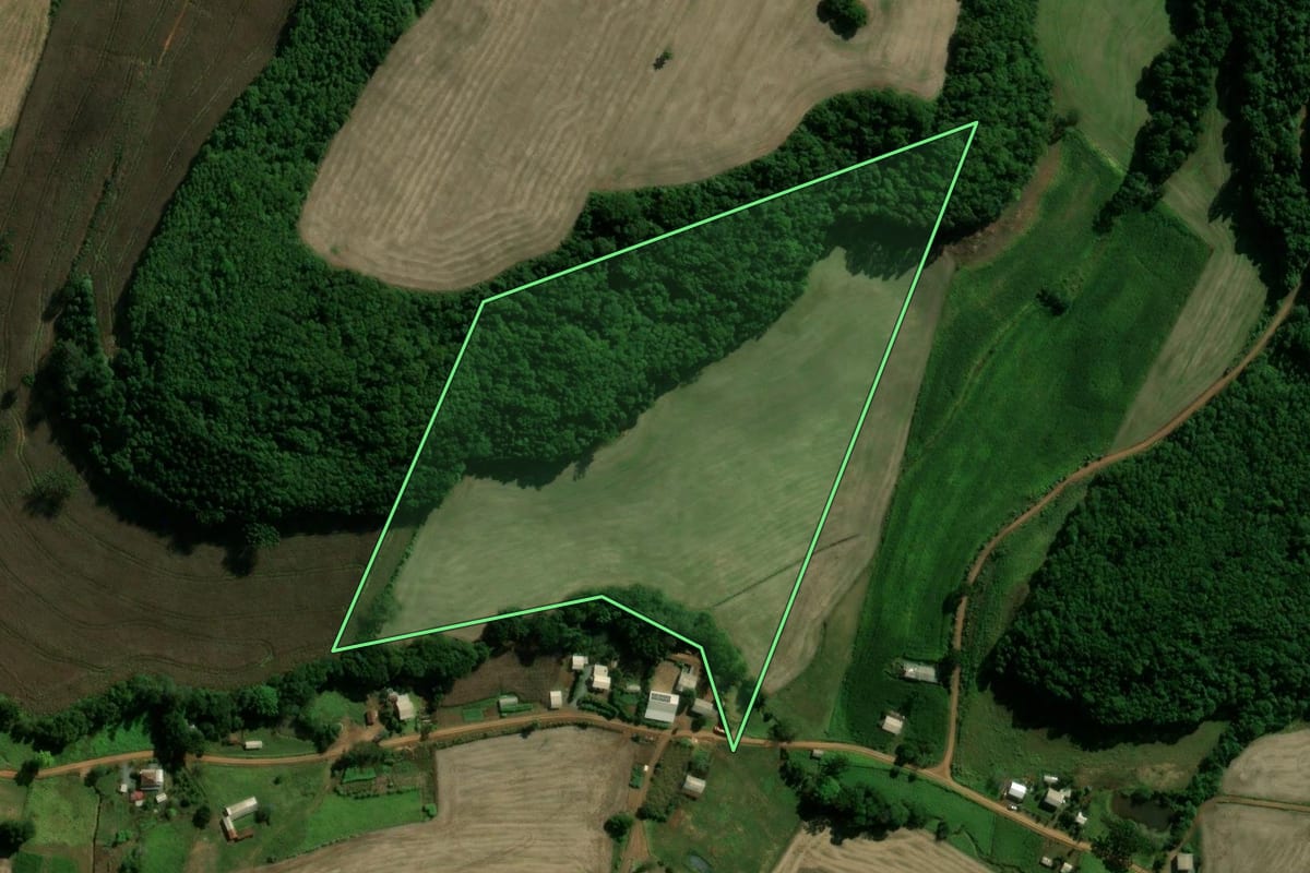 Imagem de satélite do imóvel rural em Paim Filho (RS), com o contorno declarado no CAR desenhado por cima.