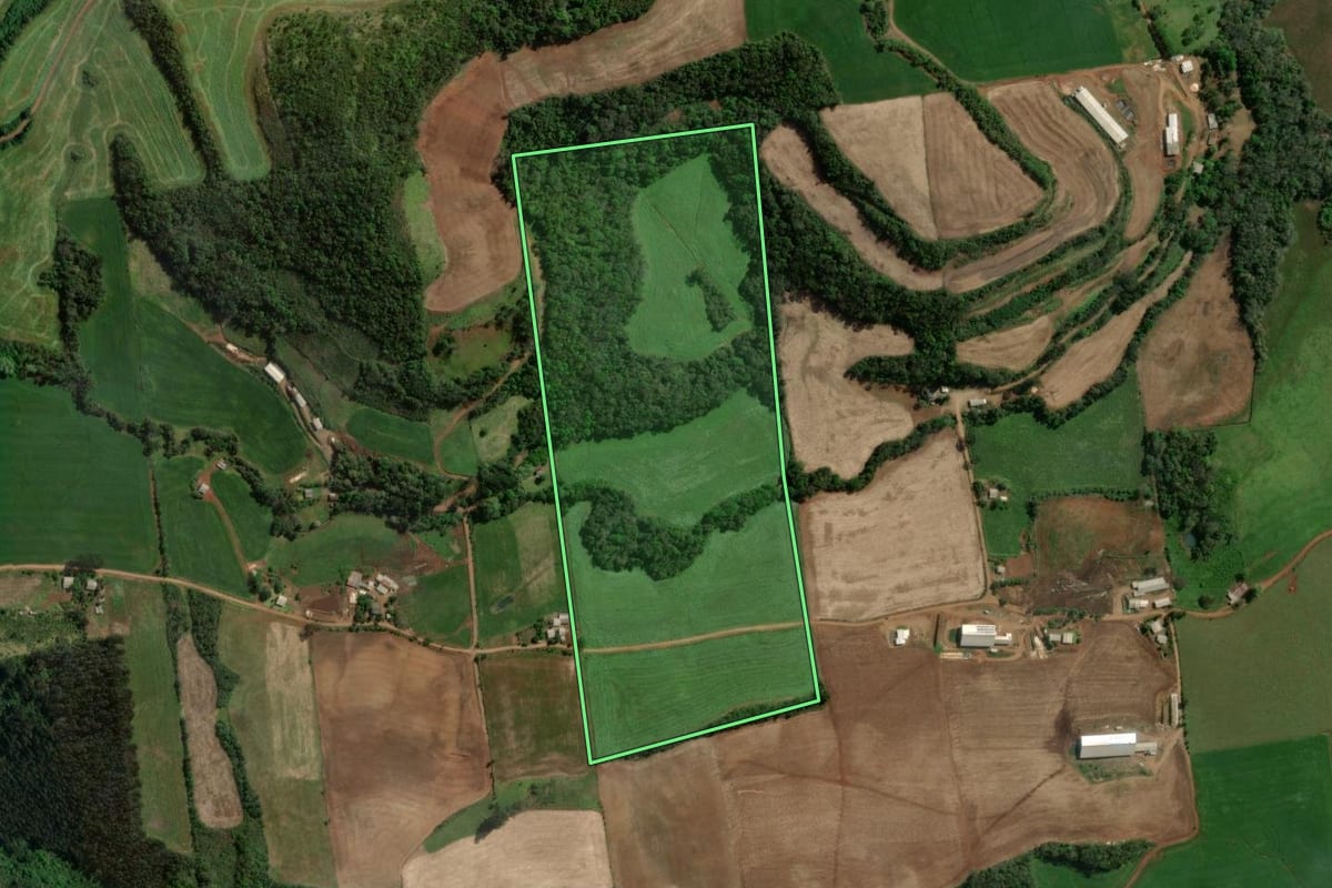 Imagem de satélite do imóvel rural em Paim Filho (RS), com o contorno declarado no CAR desenhado por cima.