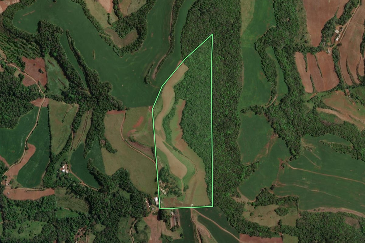 Imagem de satélite do imóvel rural em Paim Filho (RS), com o contorno declarado no CAR desenhado por cima.