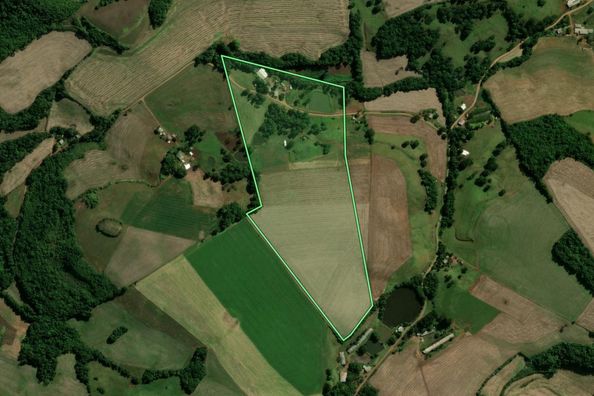 Imagem de satélite do imóvel rural em Paim Filho (RS), com o contorno declarado no CAR desenhado por cima.