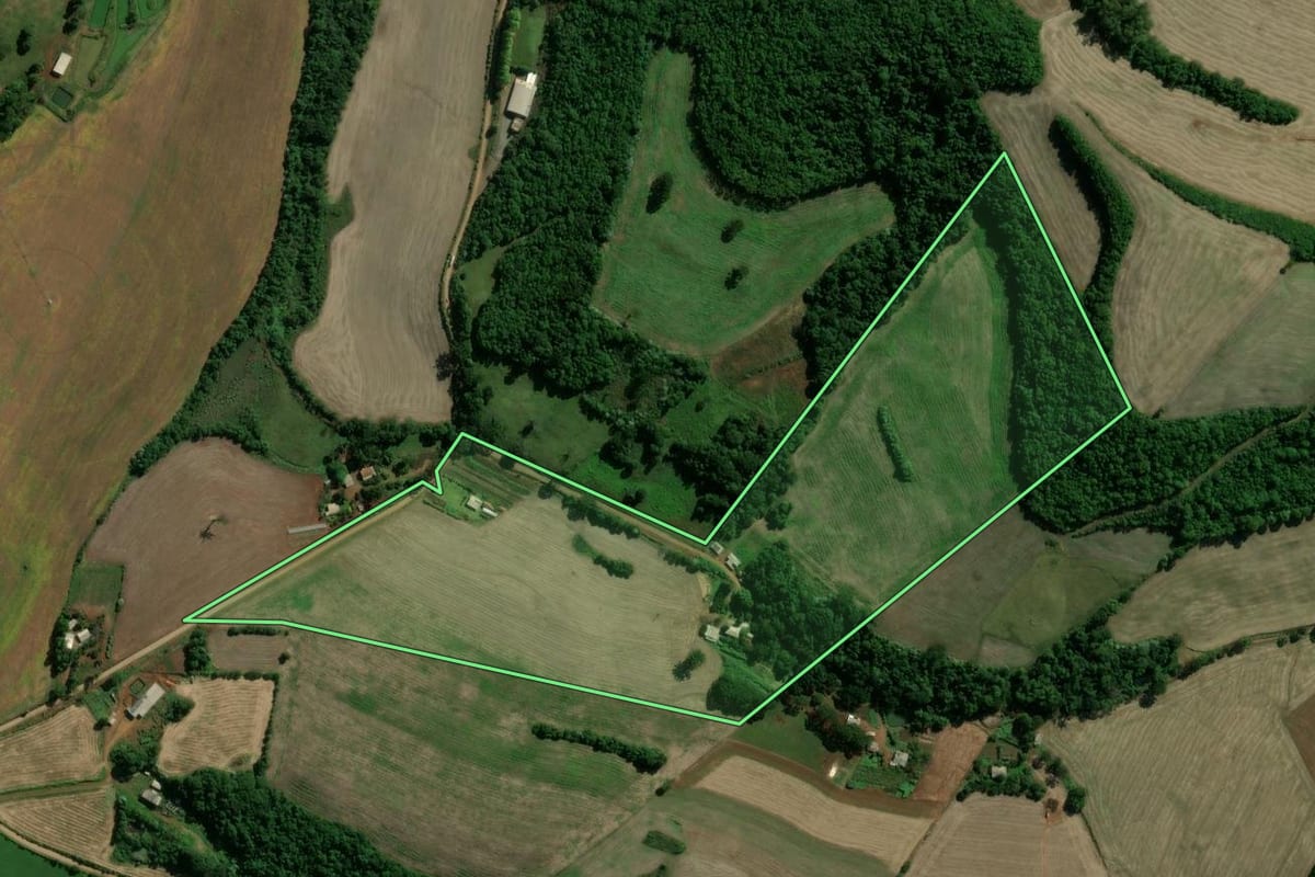 Imagem de satélite do imóvel rural em Paim Filho (RS), com o contorno declarado no CAR desenhado por cima.