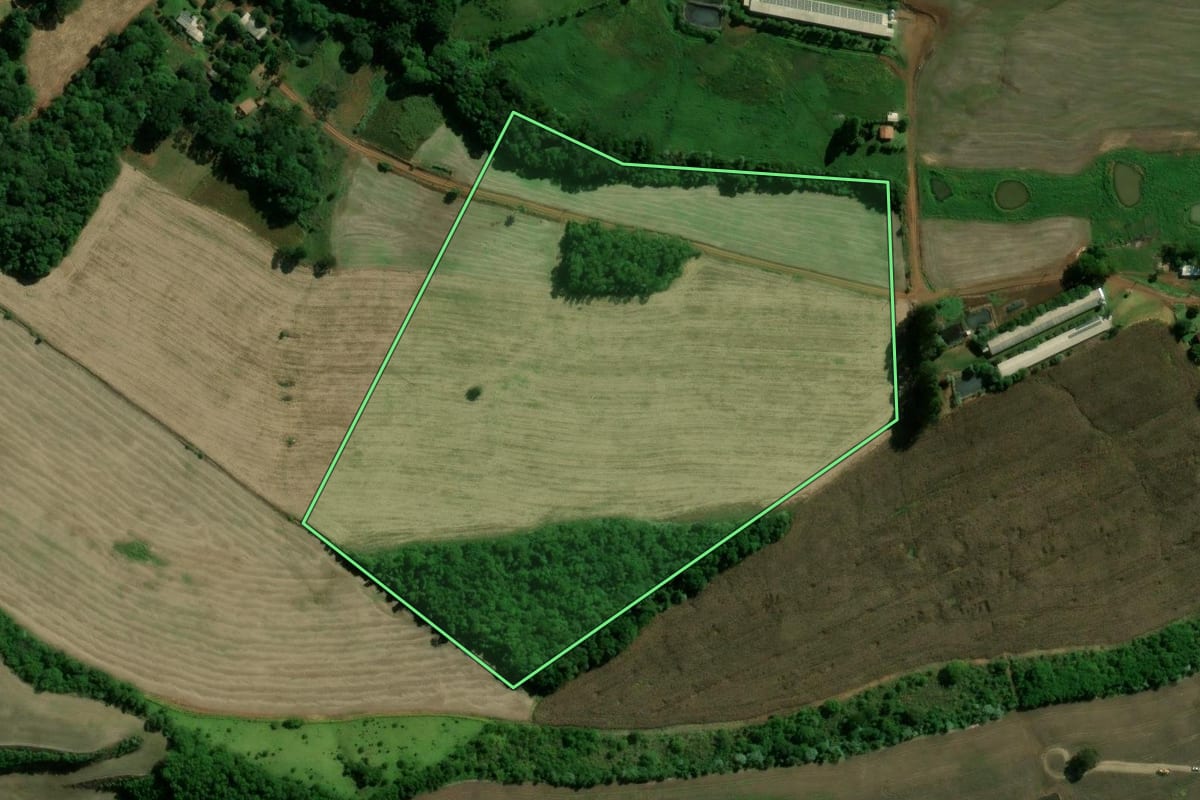 Imagem de satélite do imóvel rural em Paim Filho (RS), com o contorno declarado no CAR desenhado por cima.