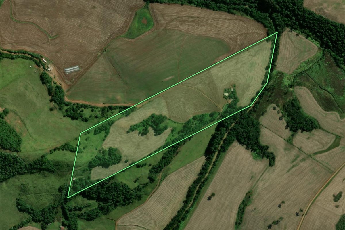 Imagem de satélite do imóvel rural em Paim Filho (RS), com o contorno declarado no CAR desenhado por cima.