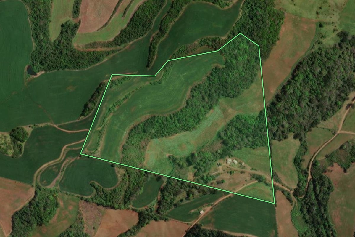 Imagem de satélite do imóvel rural em Paim Filho (RS), com o contorno declarado no CAR desenhado por cima.