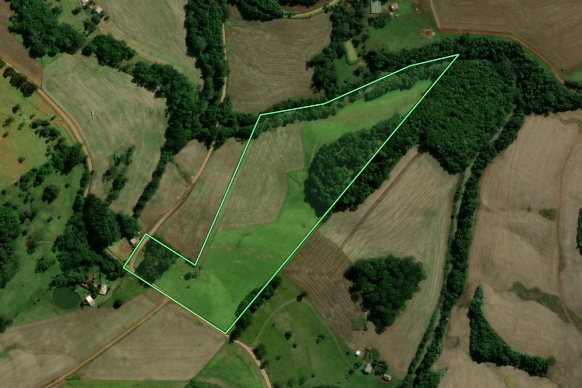 Imagem de satélite do imóvel rural em Paim Filho (RS), com o contorno declarado no CAR desenhado por cima.