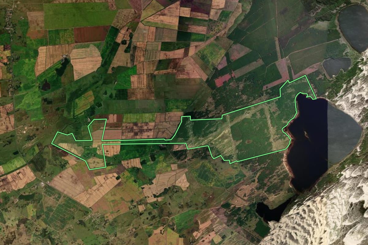 Imagem de satélite do imóvel rural em Palmares do Sul (RS), com o contorno declarado no CAR desenhado por cima.