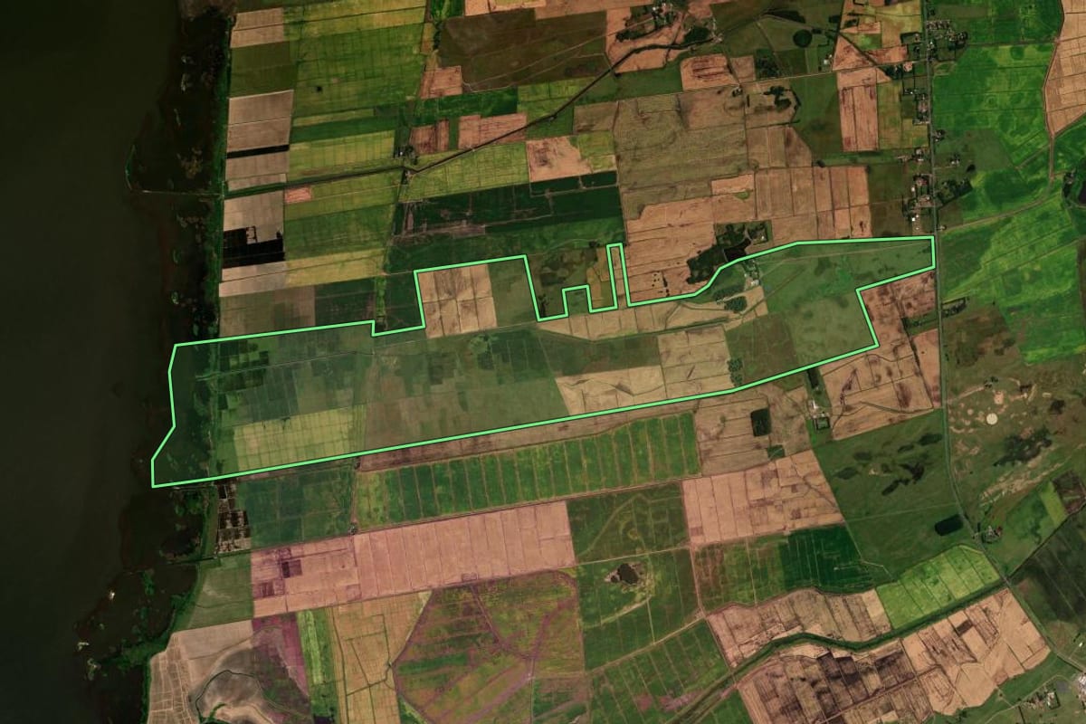 Imagem de satélite do imóvel rural em Palmares do Sul (RS), com o contorno declarado no CAR desenhado por cima.