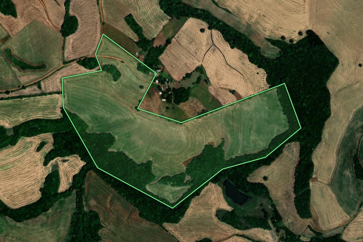 Imagem de satélite do imóvel rural em Palmeira das Missões (RS), com o contorno declarado no CAR desenhado por cima.