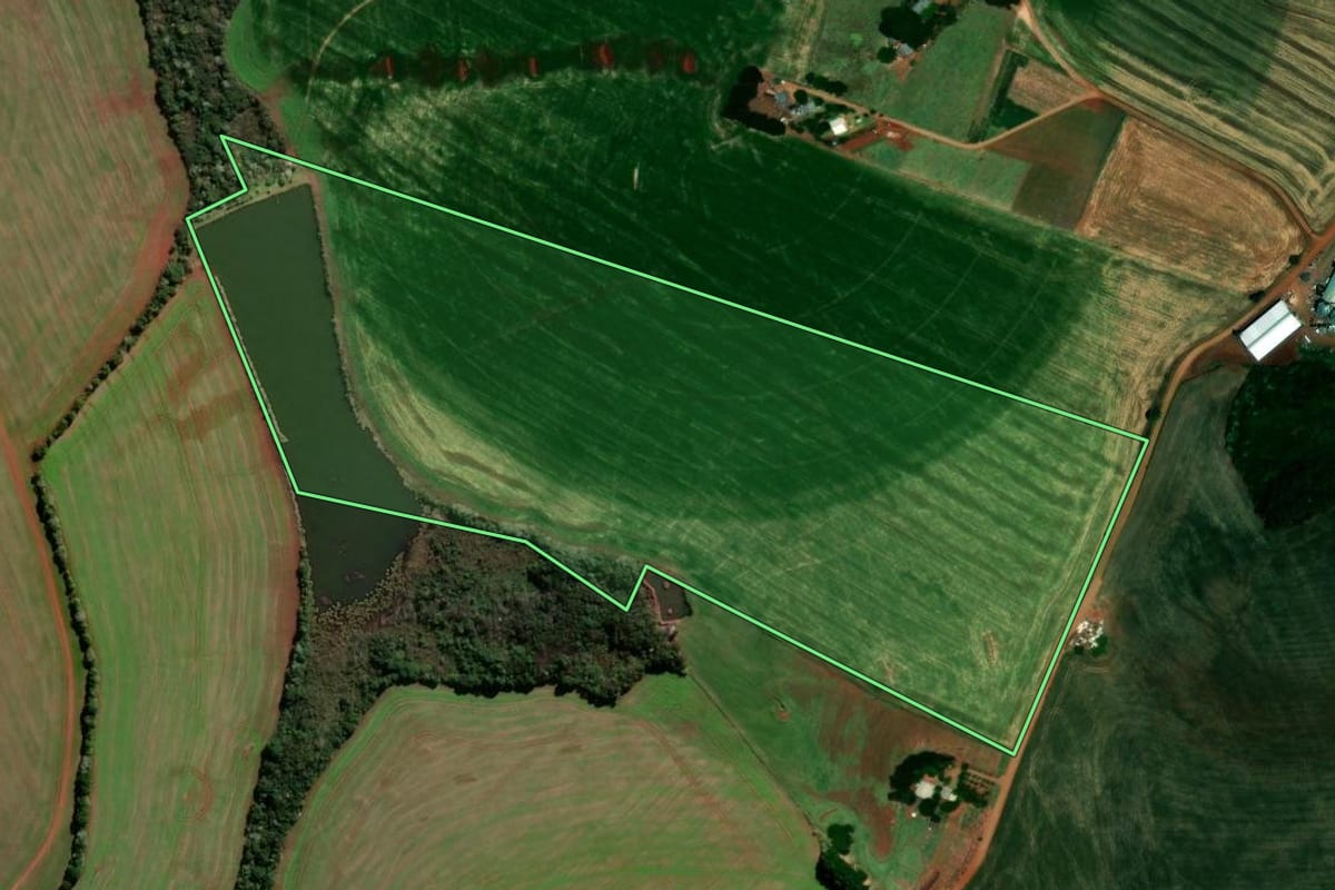 Imagem de satélite do imóvel rural em Palmeira das Missões (RS), com o contorno declarado no CAR desenhado por cima.