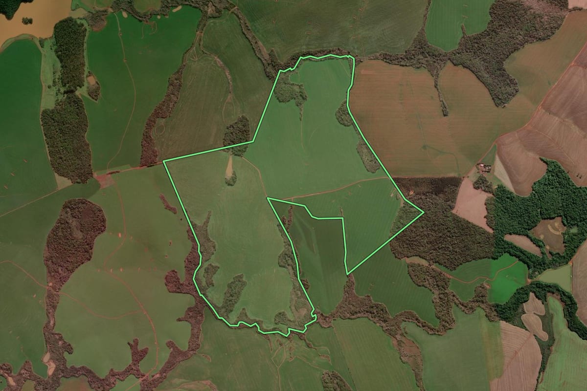 Imagem de satélite do imóvel rural em Palmeira das Missões (RS), com o contorno declarado no CAR desenhado por cima.