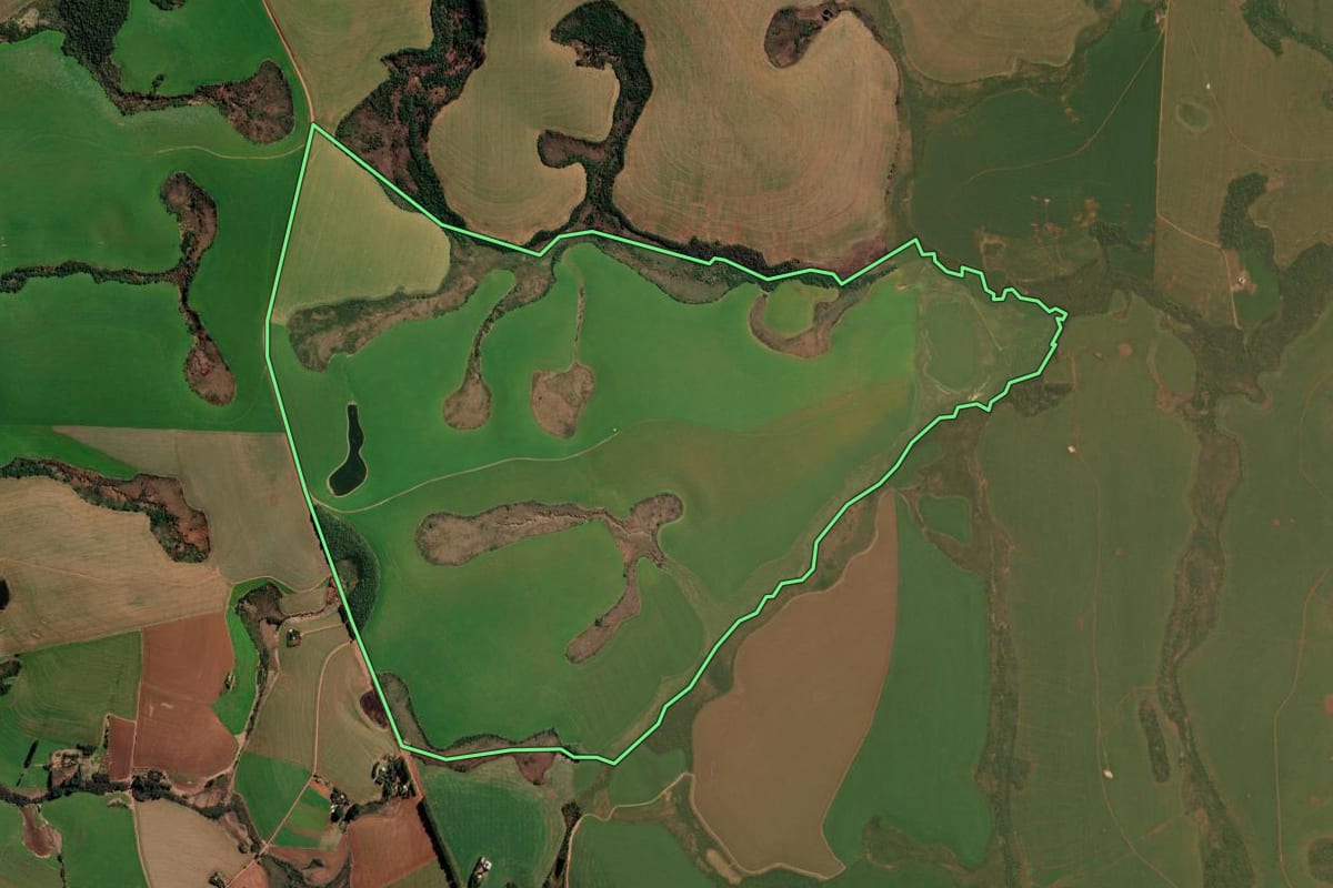 Imagem de satélite do imóvel rural em Palmeira das Missões (RS), com o contorno declarado no CAR desenhado por cima.