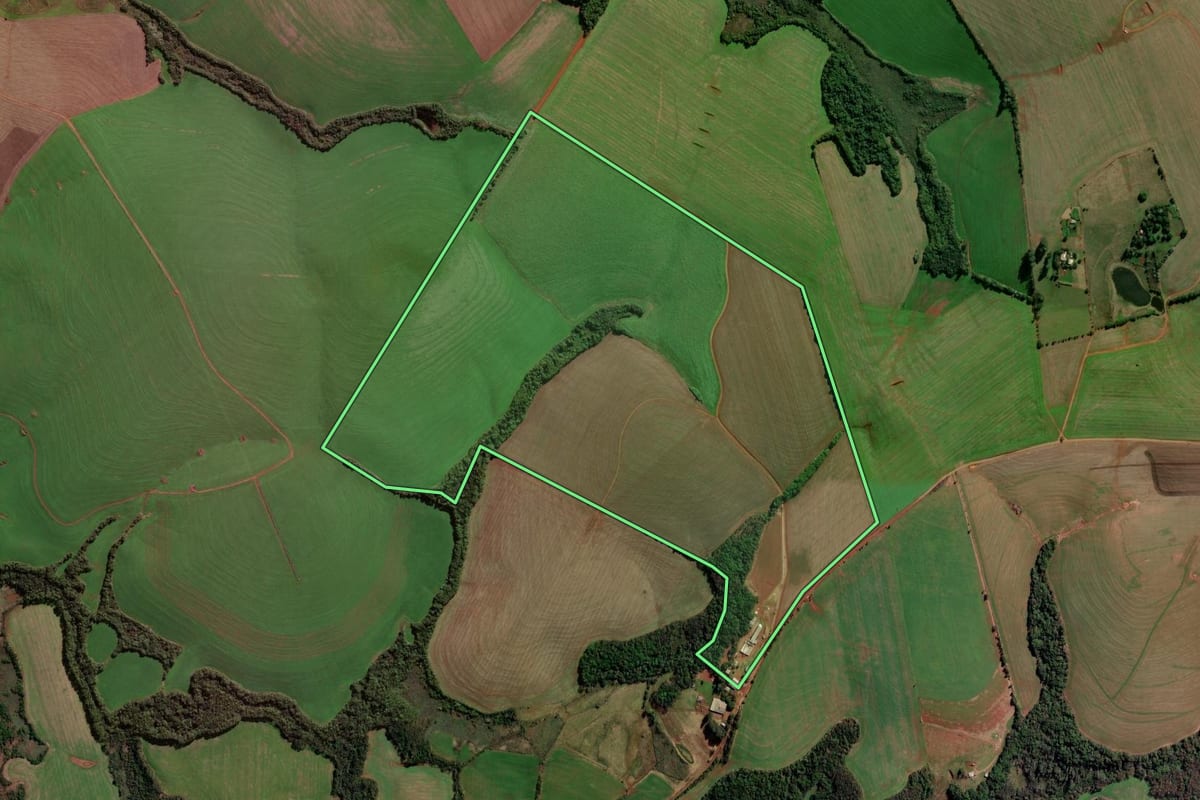 Imagem de satélite do imóvel rural em Palmeira das Missões (RS), com o contorno declarado no CAR desenhado por cima.