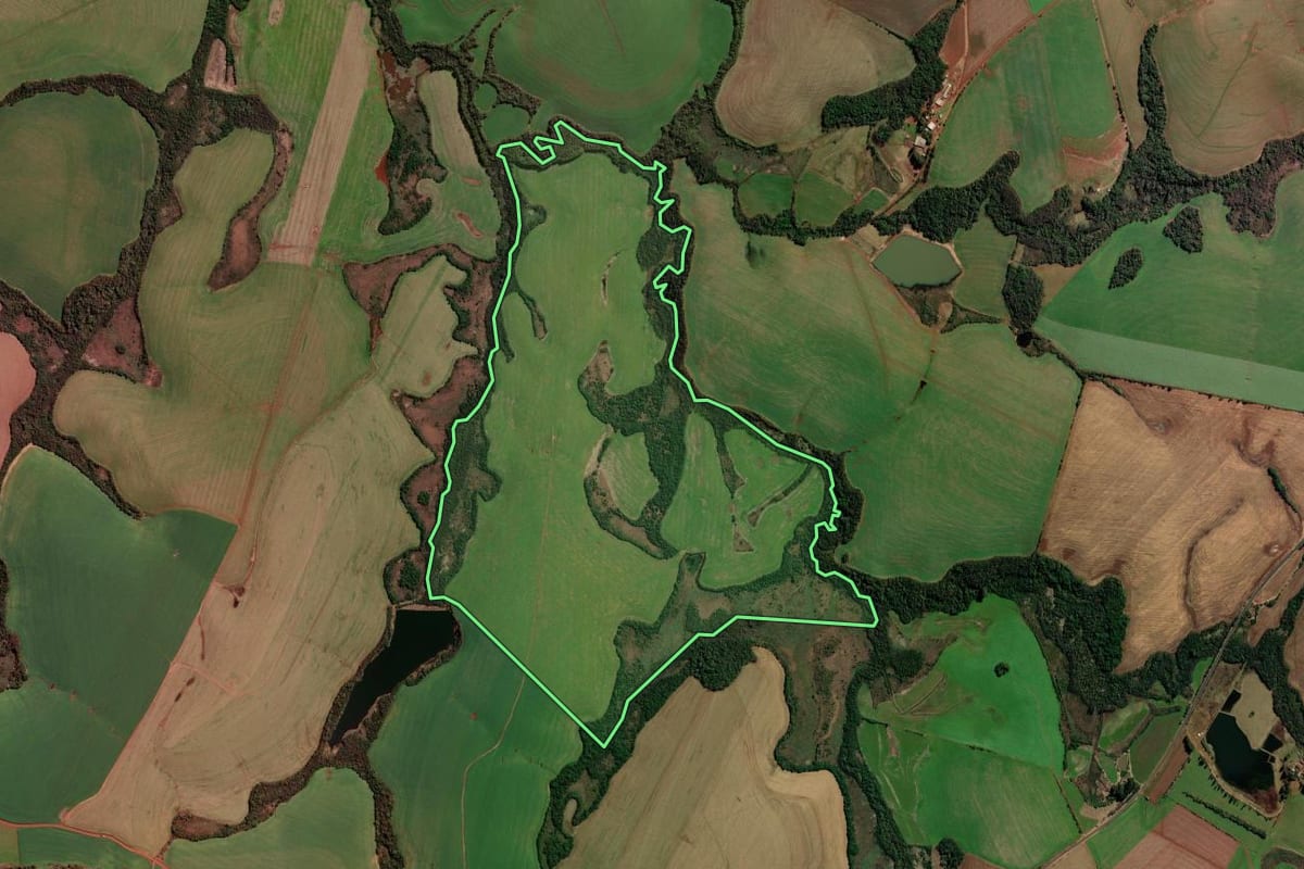 Imagem de satélite do imóvel rural em Palmeira das Missões (RS), com o contorno declarado no CAR desenhado por cima.