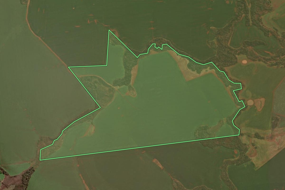 Imagem de satélite do imóvel rural em Palmeira das Missões (RS), com o contorno declarado no CAR desenhado por cima.