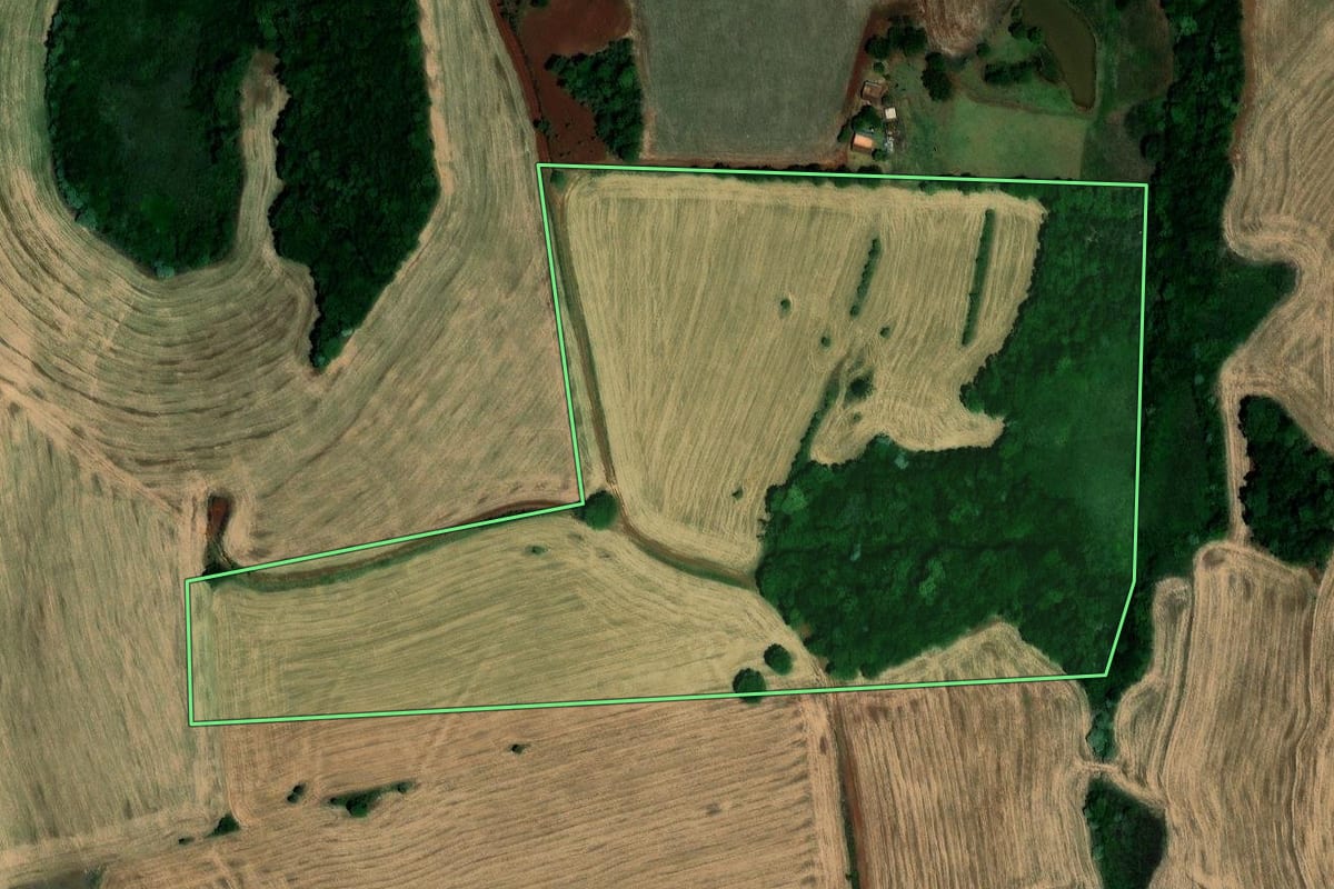 Imagem de satélite do imóvel rural em Palmeira das Missões (RS), com o contorno declarado no CAR desenhado por cima.