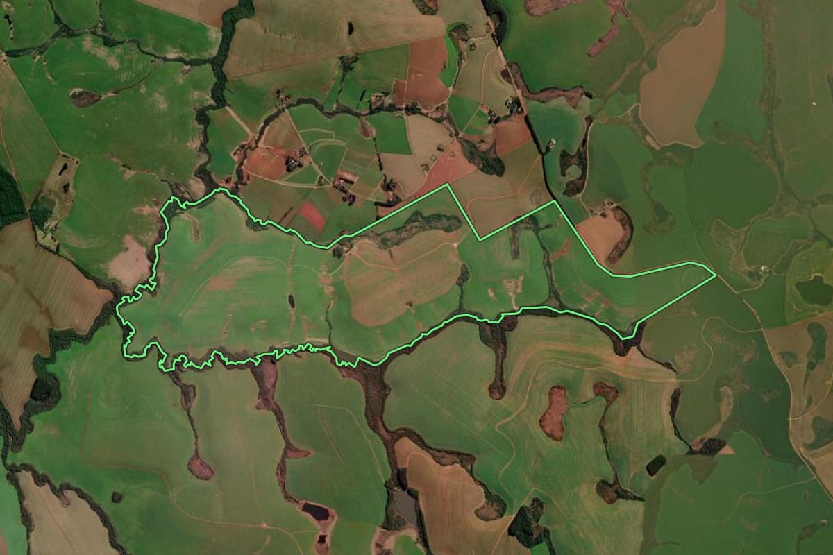 Imagem de satélite do imóvel rural em Palmeira das Missões (RS), com o contorno declarado no CAR desenhado por cima.