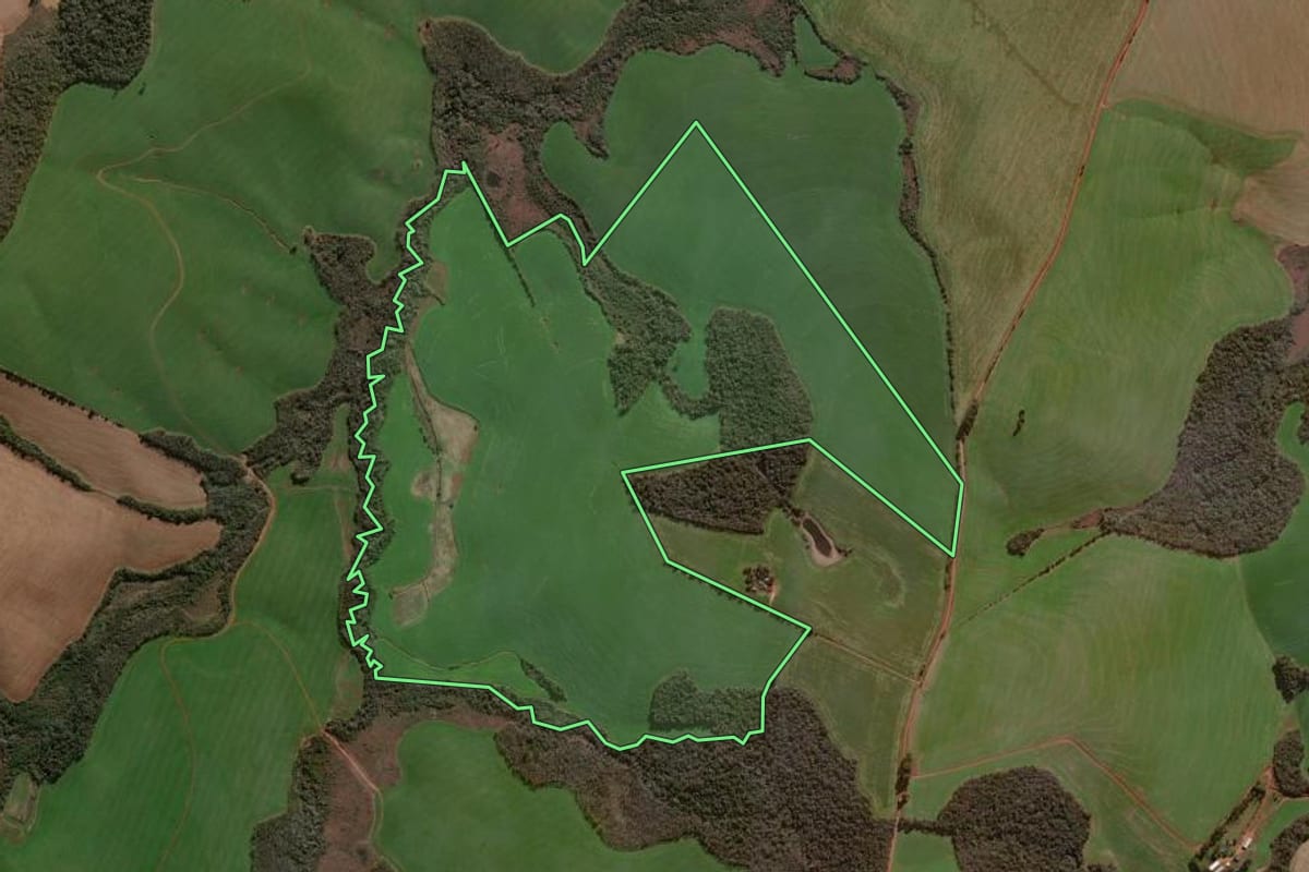 Imagem de satélite do imóvel rural em Palmeira das Missões (RS), com o contorno declarado no CAR desenhado por cima.