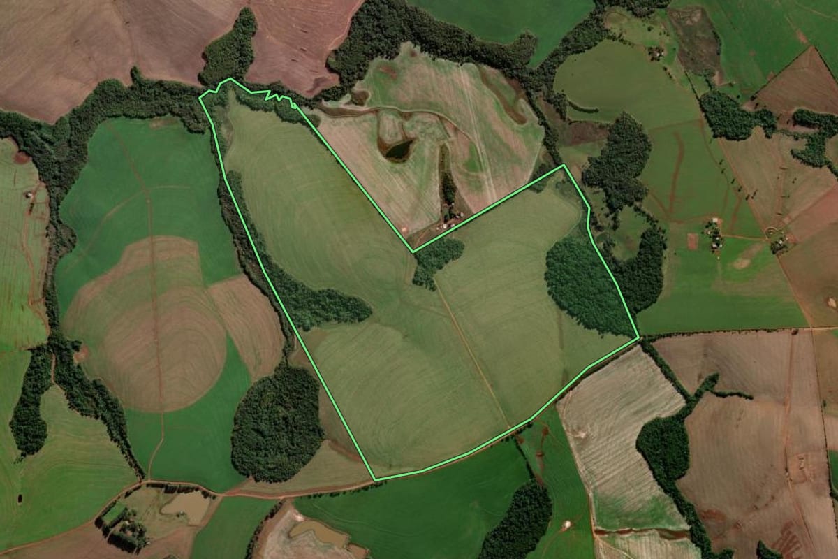 Imagem de satélite do imóvel rural em Palmeira das Missões (RS), com o contorno declarado no CAR desenhado por cima.