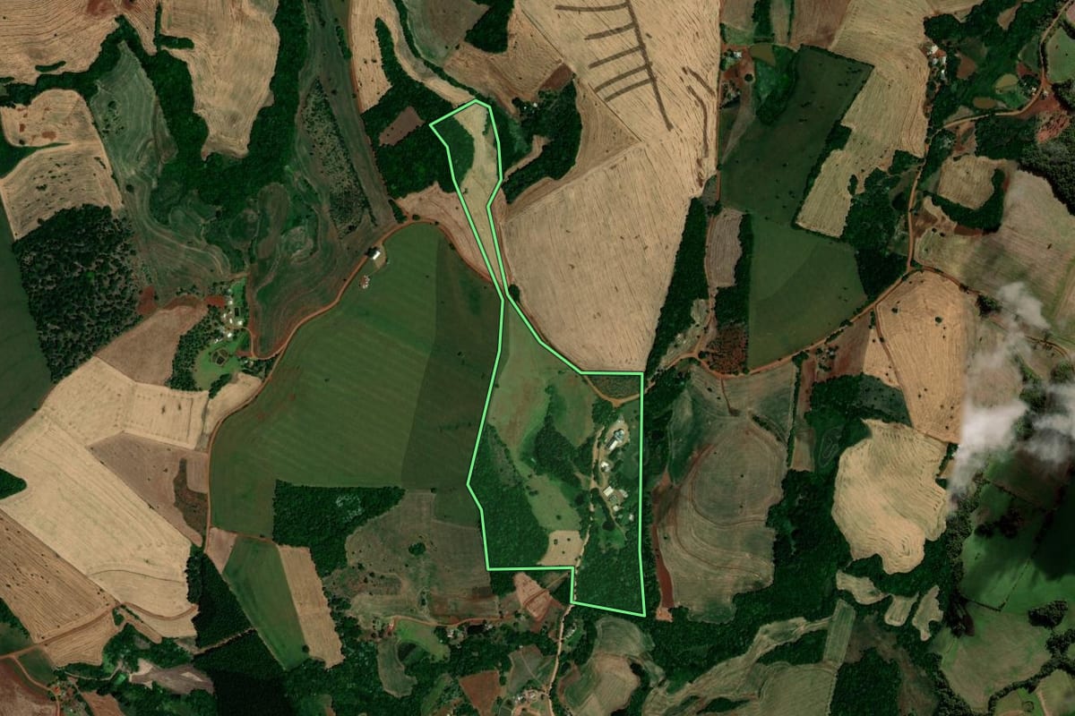Imagem de satélite do imóvel rural em Palmeira das Missões (RS), com o contorno declarado no CAR desenhado por cima.