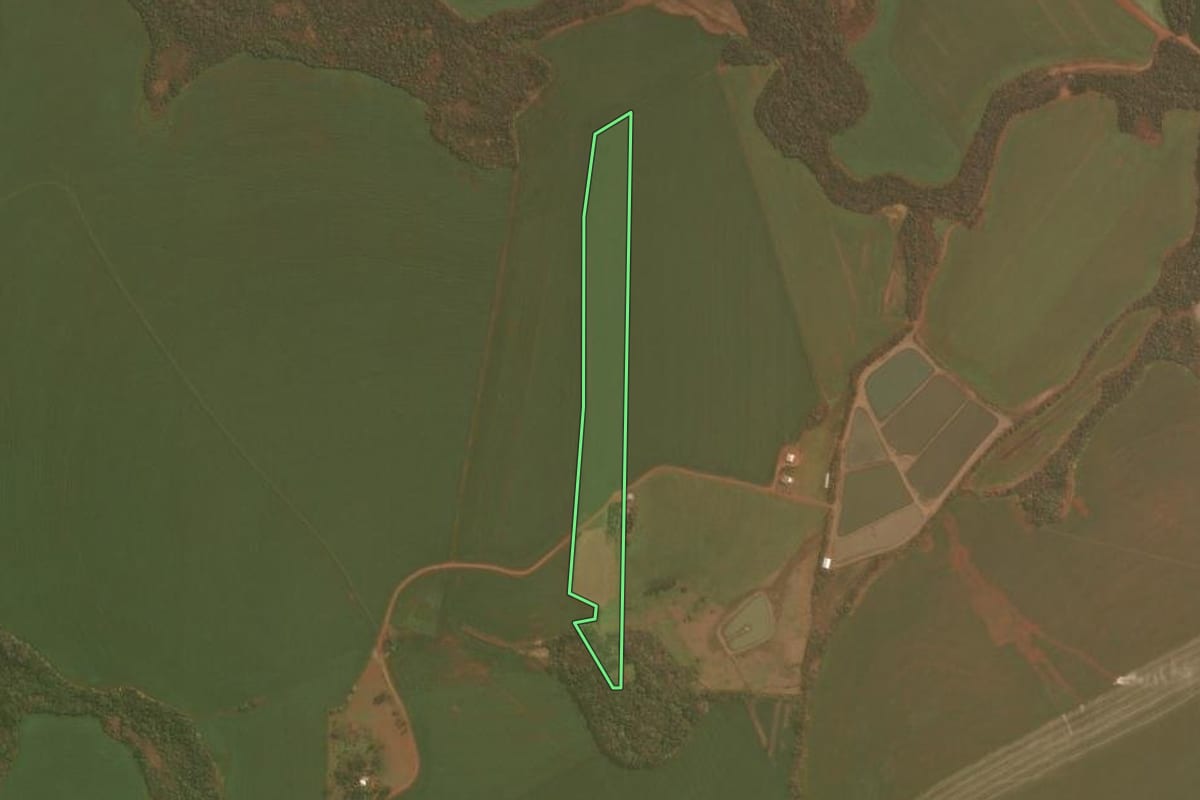 Imagem de satélite do imóvel rural em Palmeira das Missões (RS), com o contorno declarado no CAR desenhado por cima.