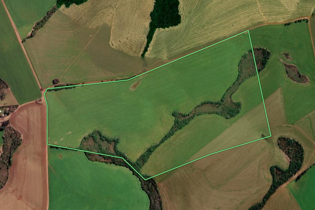 Imagem de satélite do imóvel rural em Palmeira das Missões (RS), com o contorno declarado no CAR desenhado por cima.