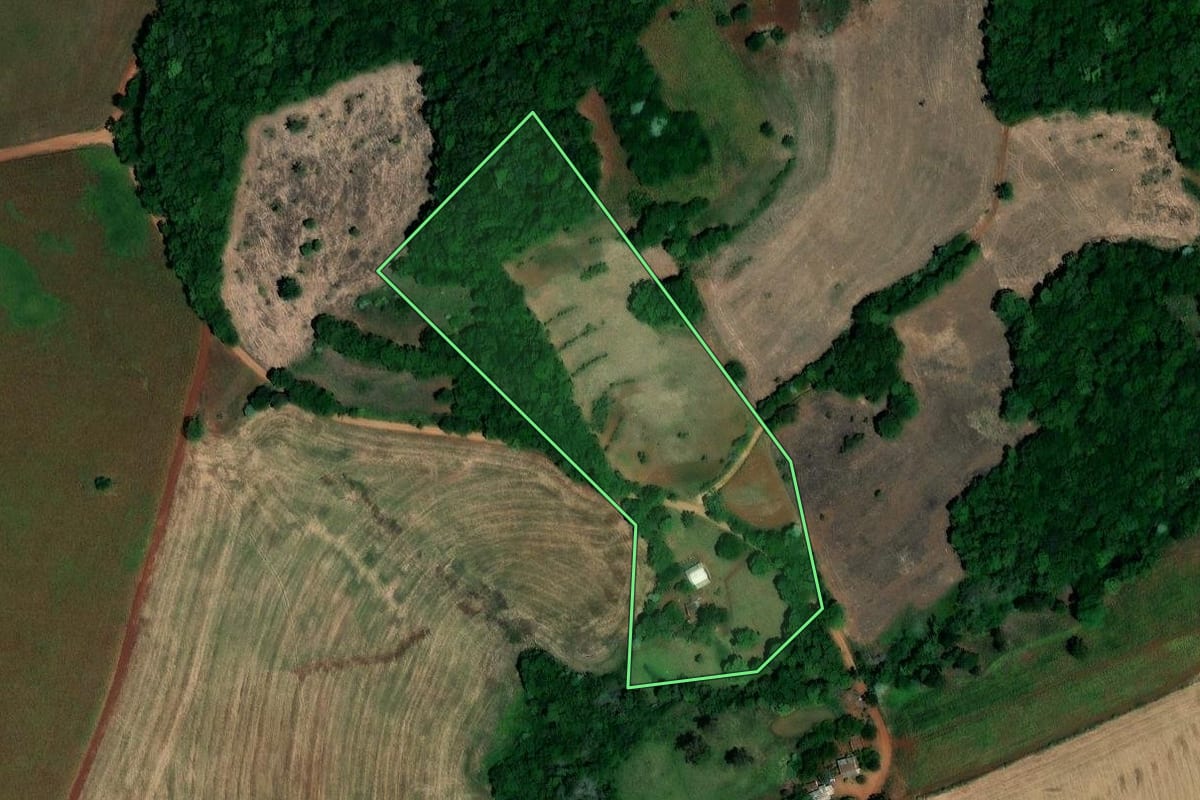 Imagem de satélite do imóvel rural em Palmeira das Missões (RS), com o contorno declarado no CAR desenhado por cima.