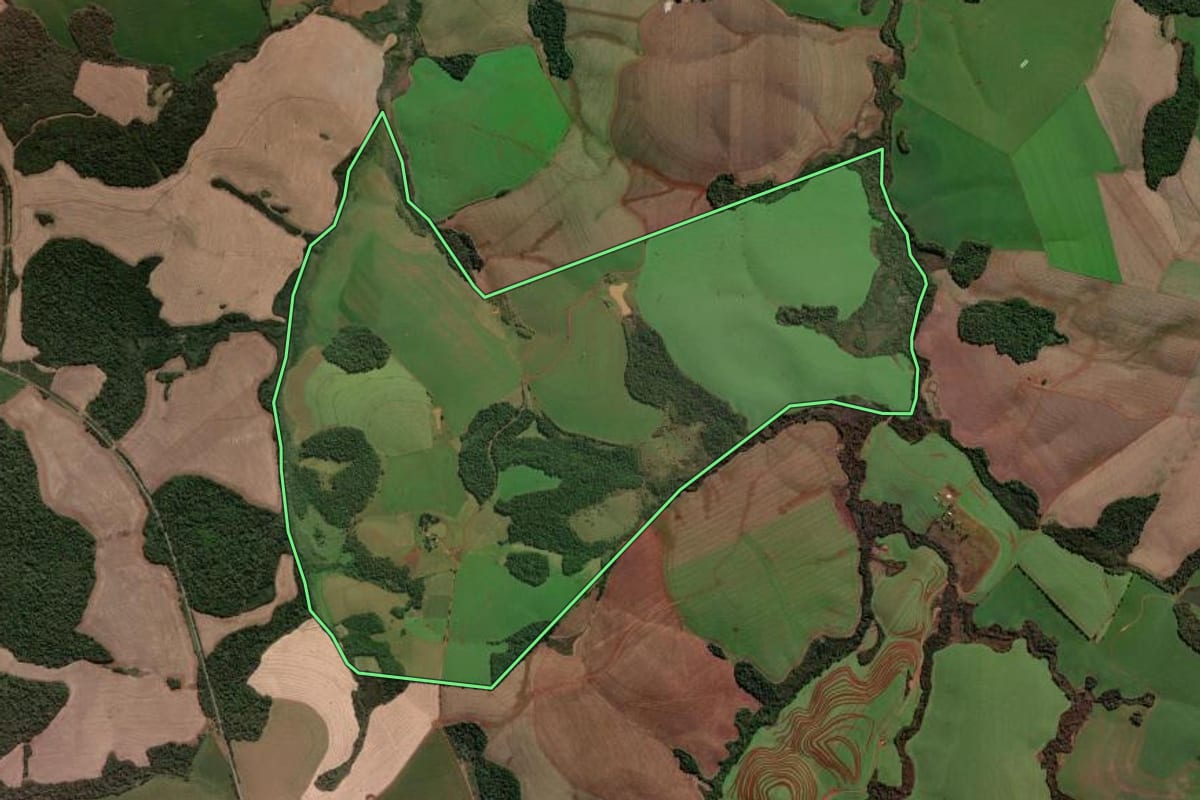 Imagem de satélite do imóvel rural em Palmeira das Missões (RS), com o contorno declarado no CAR desenhado por cima.