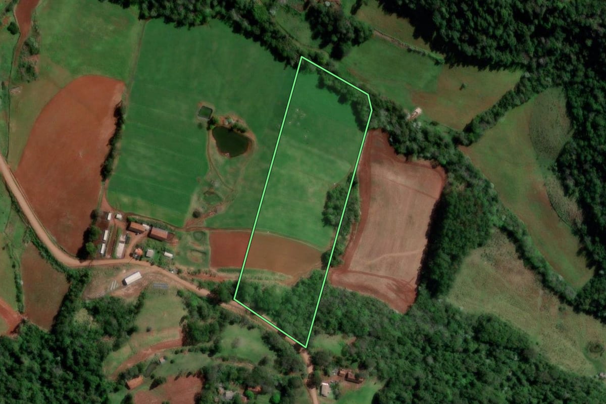 Imagem de satélite do imóvel rural em Palmitinho (RS), com o contorno declarado no CAR desenhado por cima.