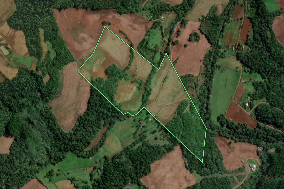Imagem de satélite do imóvel rural em Palmitinho (RS), com o contorno declarado no CAR desenhado por cima.