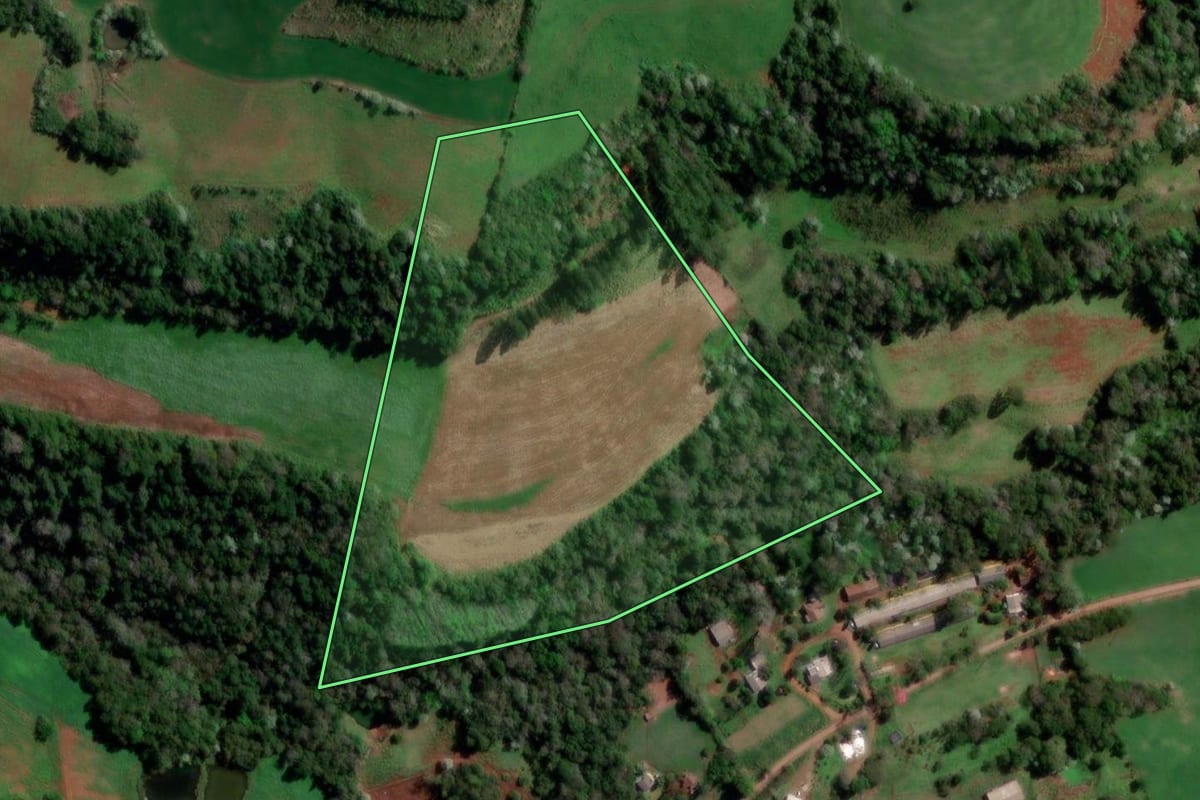 Imagem de satélite do imóvel rural em Palmitinho (RS), com o contorno declarado no CAR desenhado por cima.