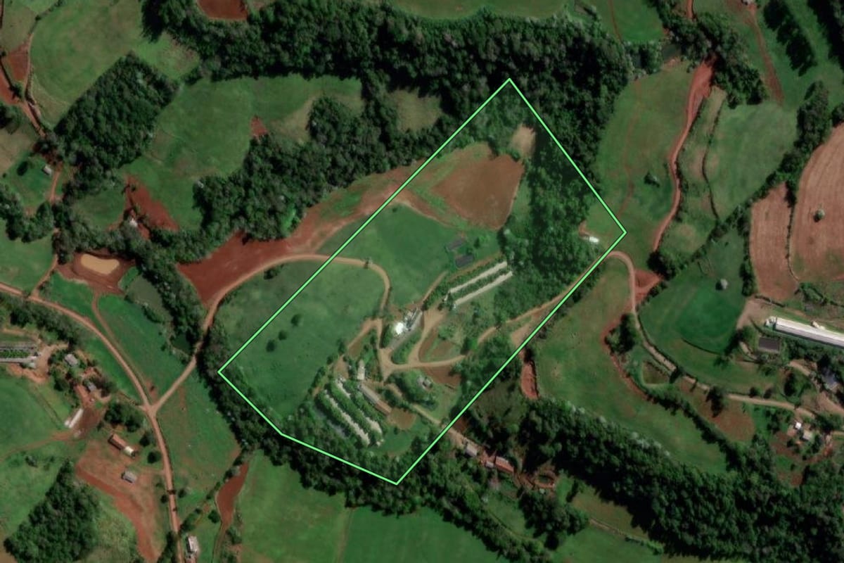 Imagem de satélite do imóvel rural em Palmitinho (RS), com o contorno declarado no CAR desenhado por cima.
