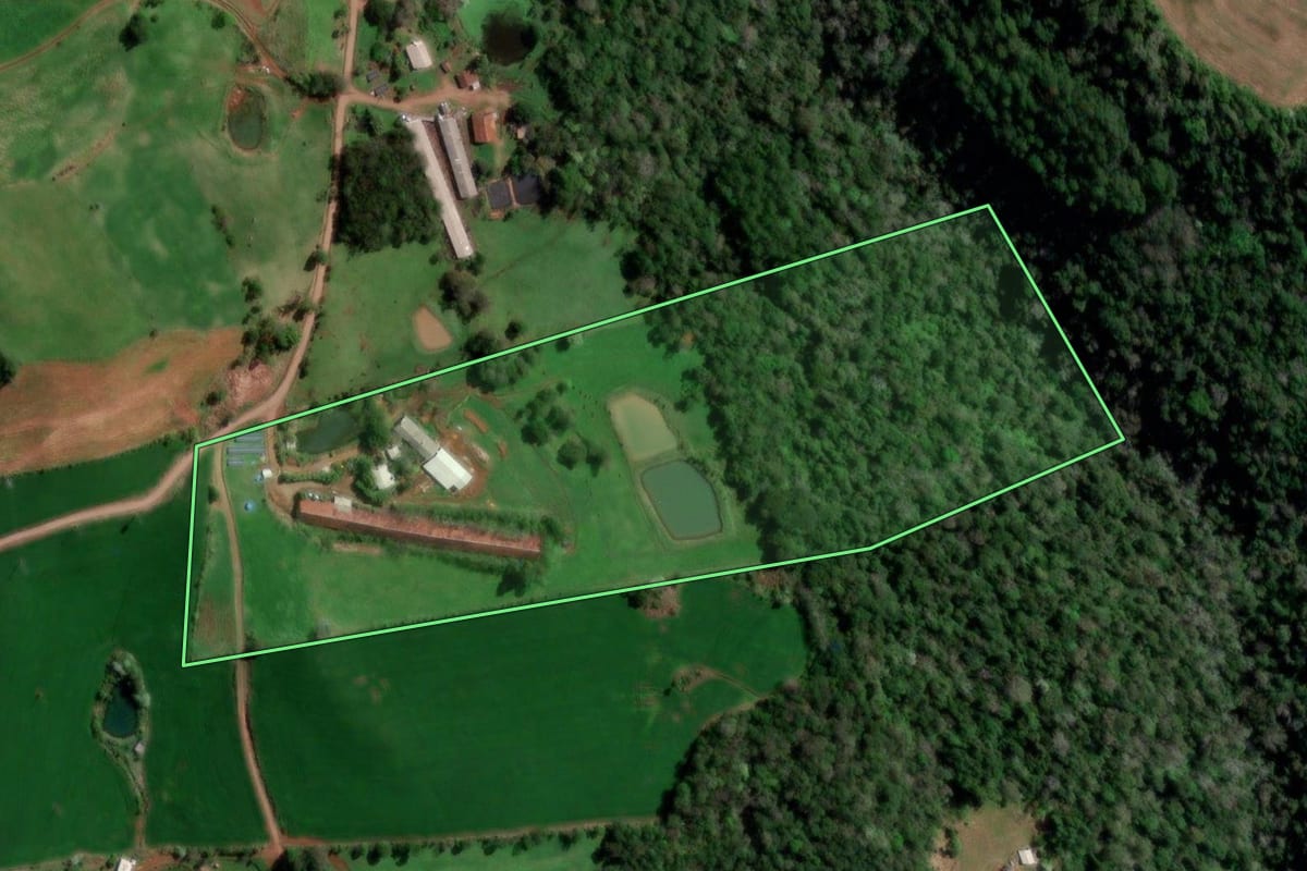Imagem de satélite do imóvel rural em Palmitinho (RS), com o contorno declarado no CAR desenhado por cima.
