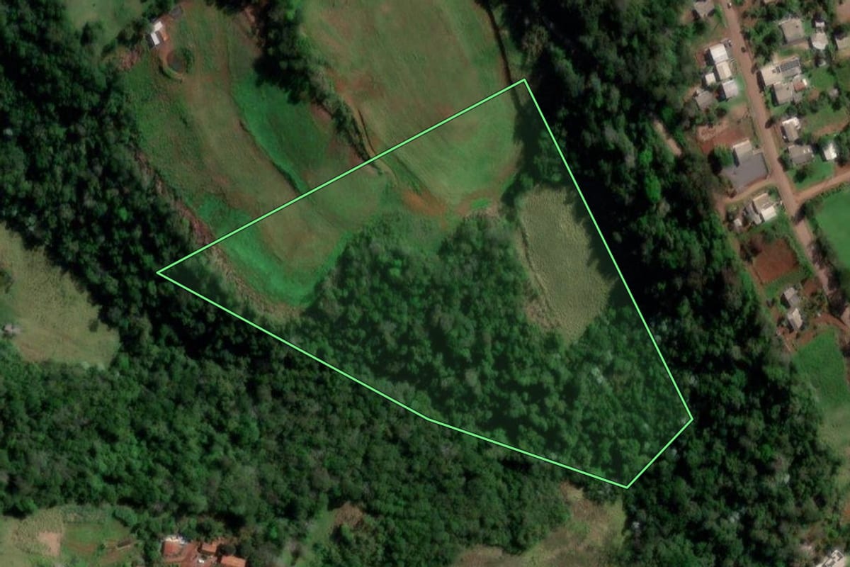 Imagem de satélite do imóvel rural em Palmitinho (RS), com o contorno declarado no CAR desenhado por cima.