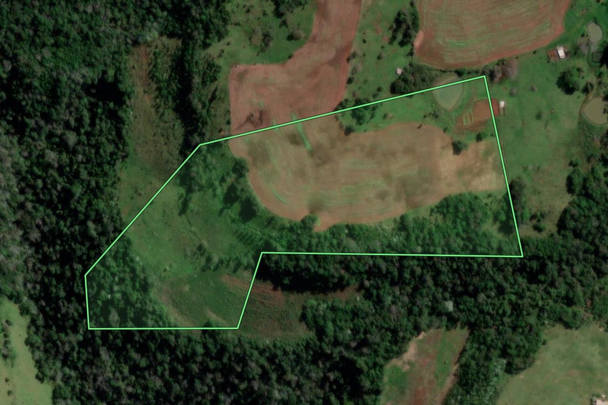 Imagem de satélite do imóvel rural em Palmitinho (RS), com o contorno declarado no CAR desenhado por cima.
