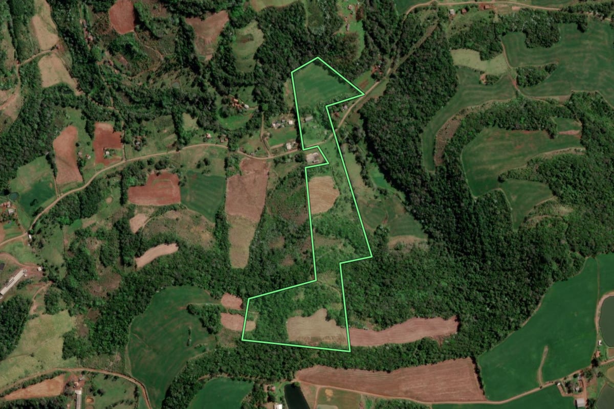 Imagem de satélite do imóvel rural em Palmitinho (RS), com o contorno declarado no CAR desenhado por cima.