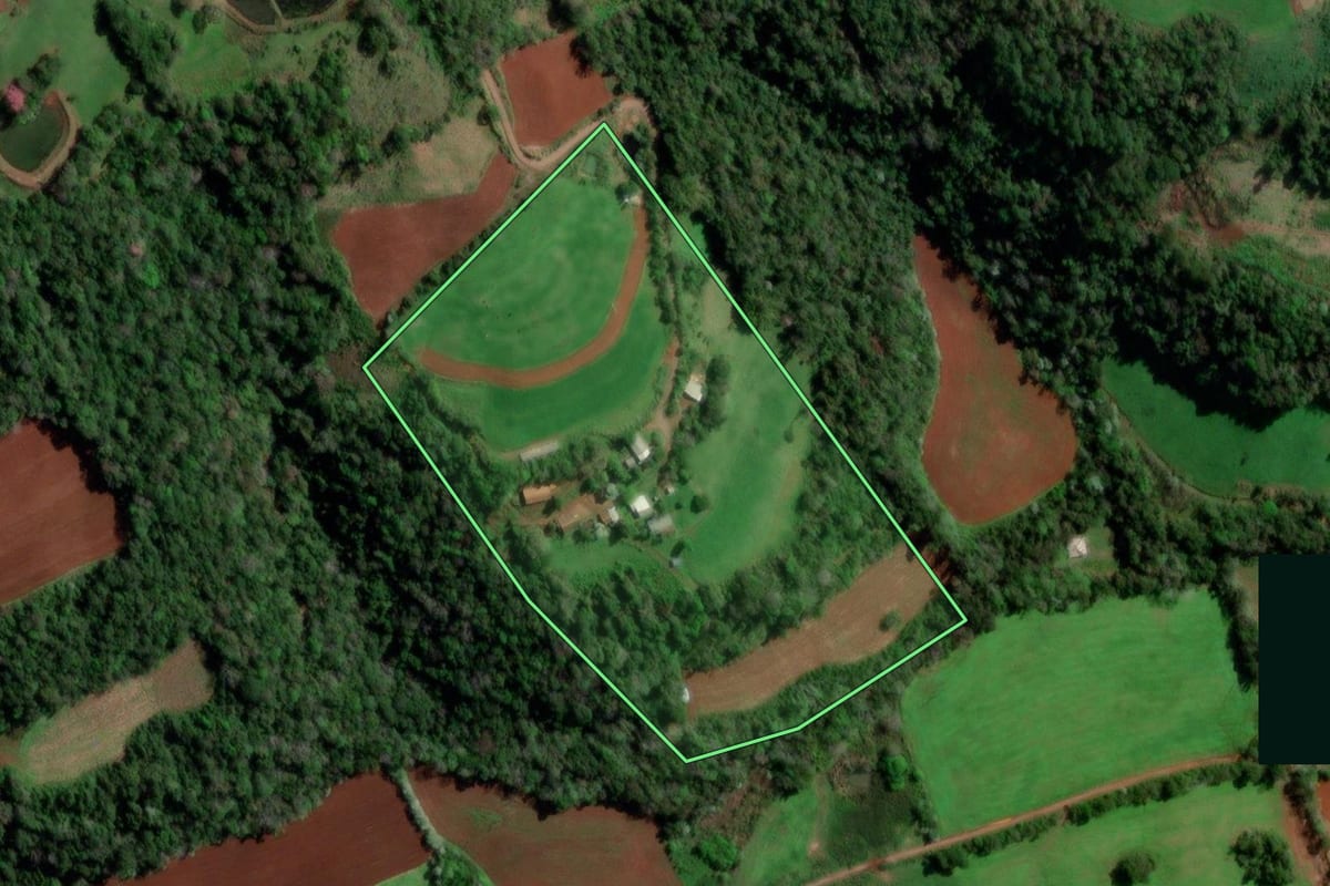 Imagem de satélite do imóvel rural em Palmitinho (RS), com o contorno declarado no CAR desenhado por cima.