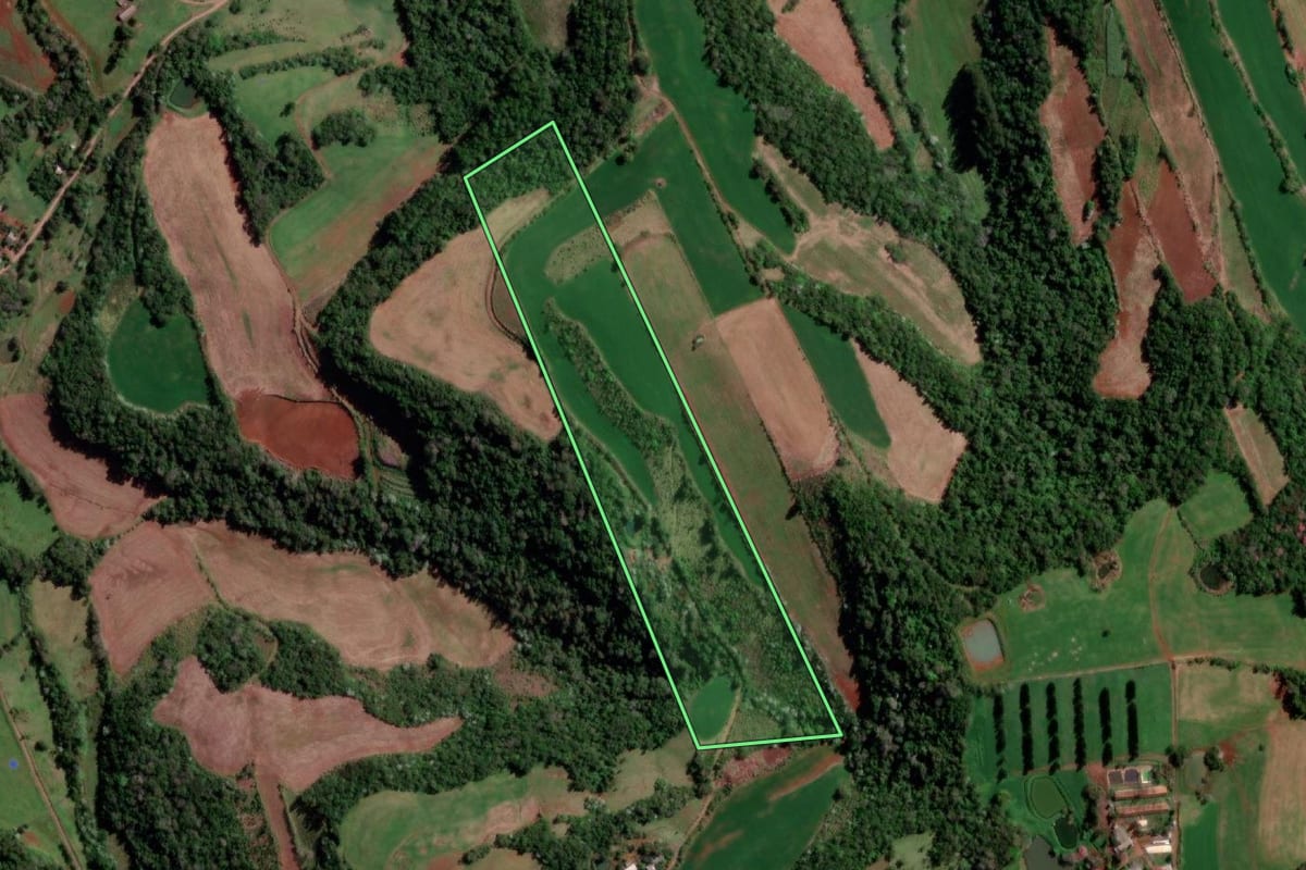 Imagem de satélite do imóvel rural em Palmitinho (RS), com o contorno declarado no CAR desenhado por cima.