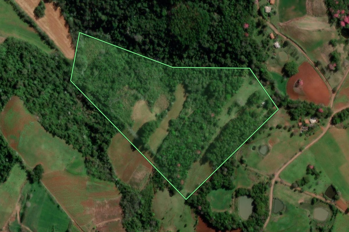 Imagem de satélite do imóvel rural em Palmitinho (RS), com o contorno declarado no CAR desenhado por cima.