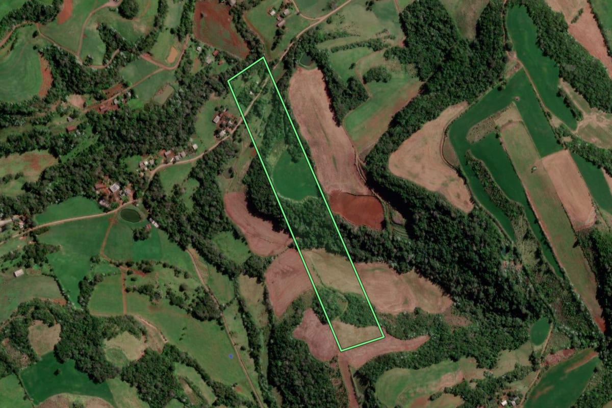 Imagem de satélite do imóvel rural em Palmitinho (RS), com o contorno declarado no CAR desenhado por cima.