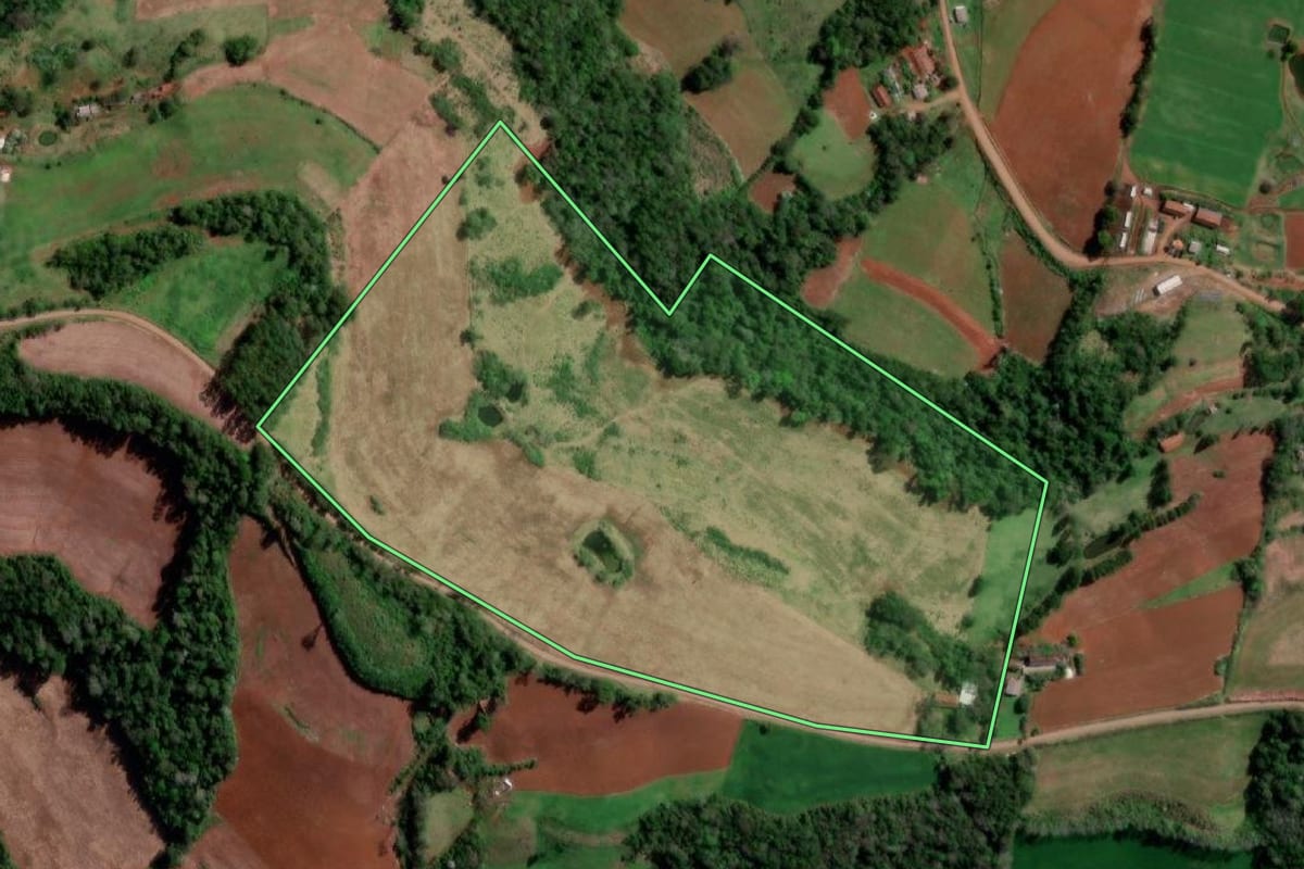 Imagem de satélite do imóvel rural em Palmitinho (RS), com o contorno declarado no CAR desenhado por cima.