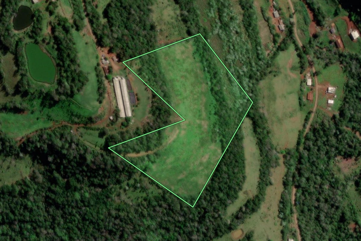 Imagem de satélite do imóvel rural em Palmitinho (RS), com o contorno declarado no CAR desenhado por cima.
