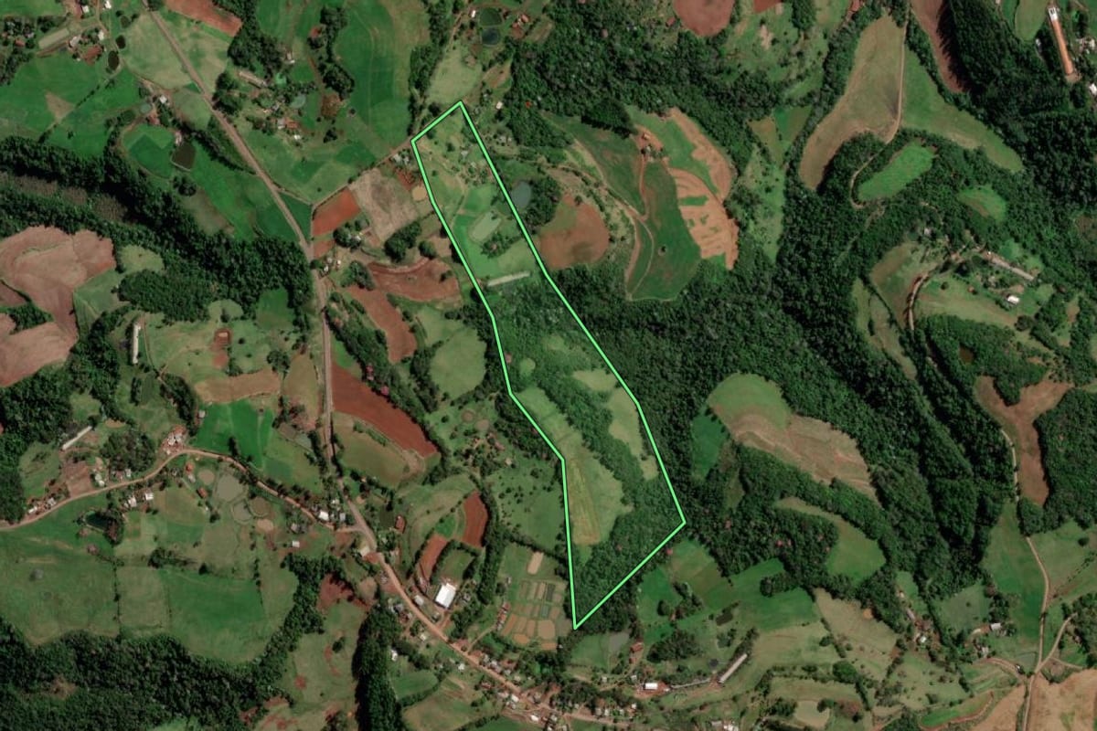 Imagem de satélite do imóvel rural em Palmitinho (RS), com o contorno declarado no CAR desenhado por cima.