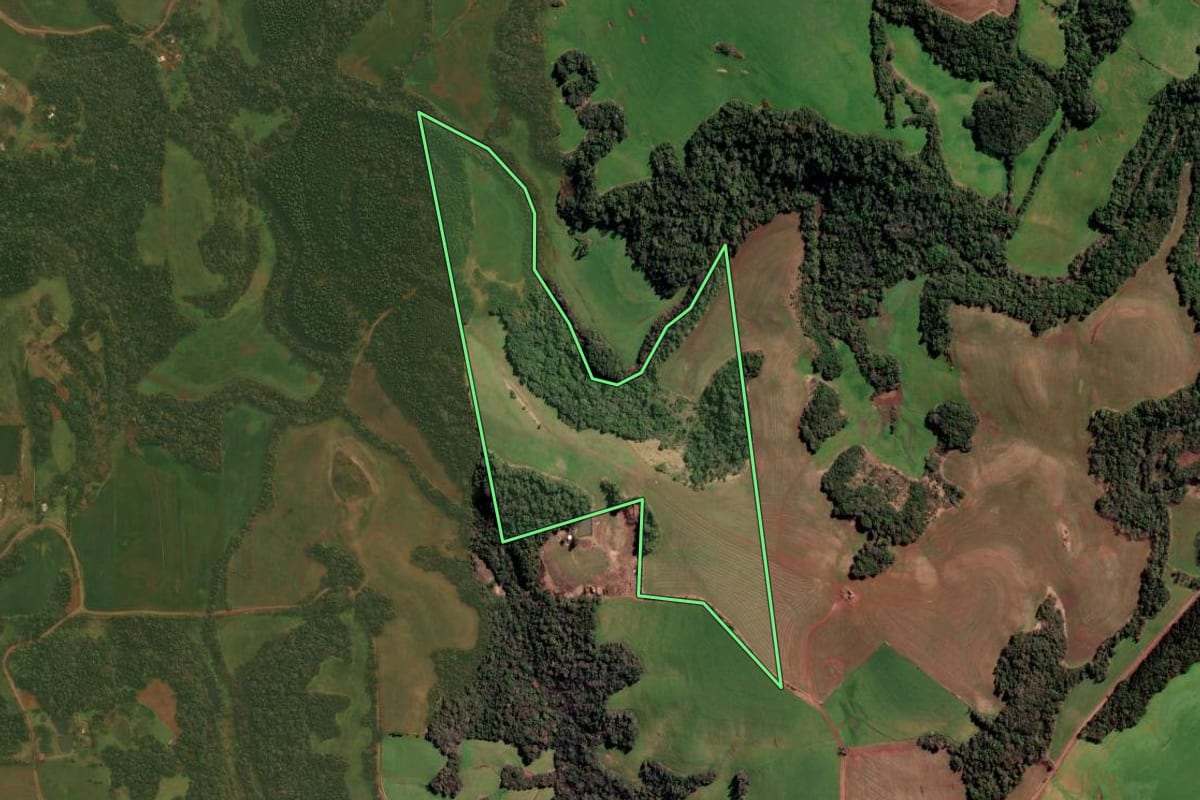 Imagem de satélite do imóvel rural em Panambi (RS), com o contorno declarado no CAR desenhado por cima.