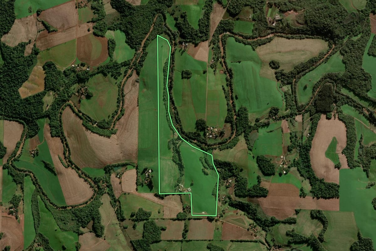 Imagem de satélite do imóvel rural em Panambi (RS), com o contorno declarado no CAR desenhado por cima.