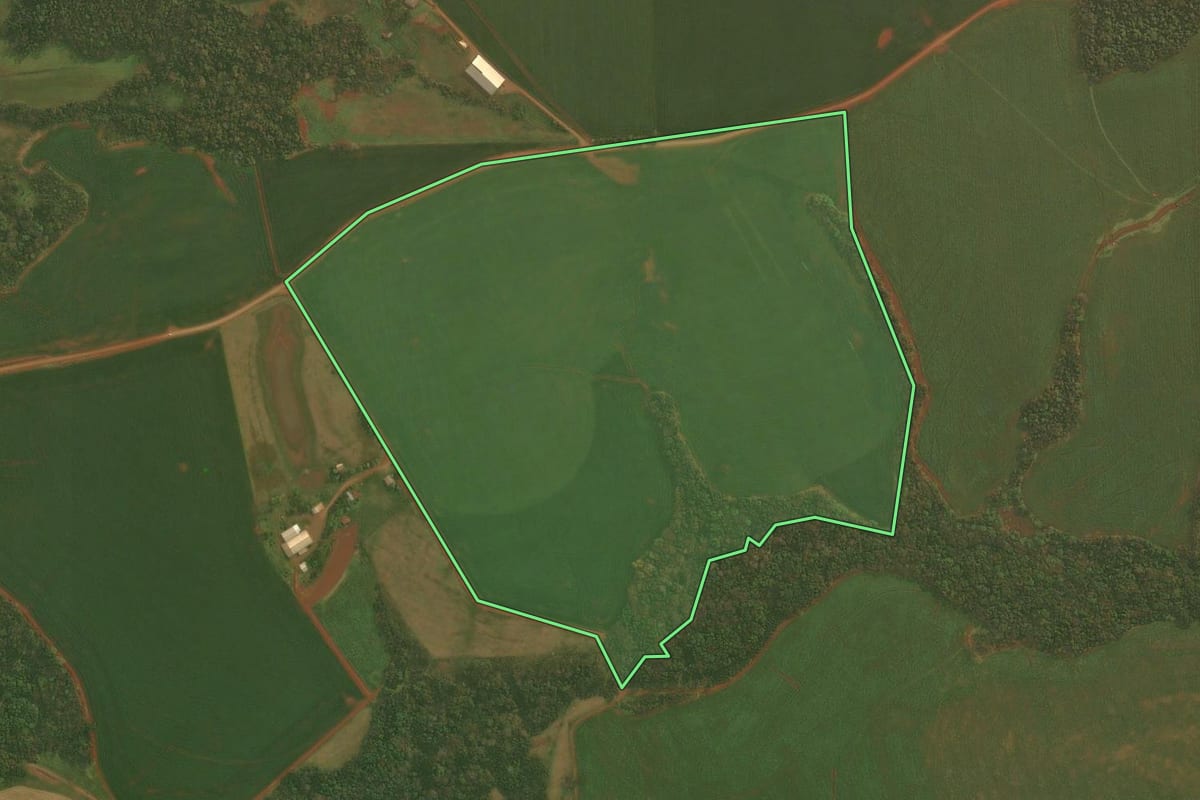 Imagem de satélite do imóvel rural em Panambi (RS), com o contorno declarado no CAR desenhado por cima.