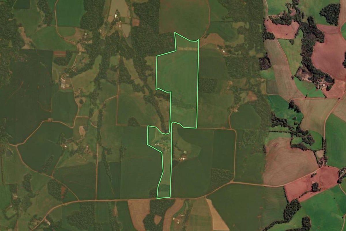 Imagem de satélite do imóvel rural em Panambi (RS), com o contorno declarado no CAR desenhado por cima.