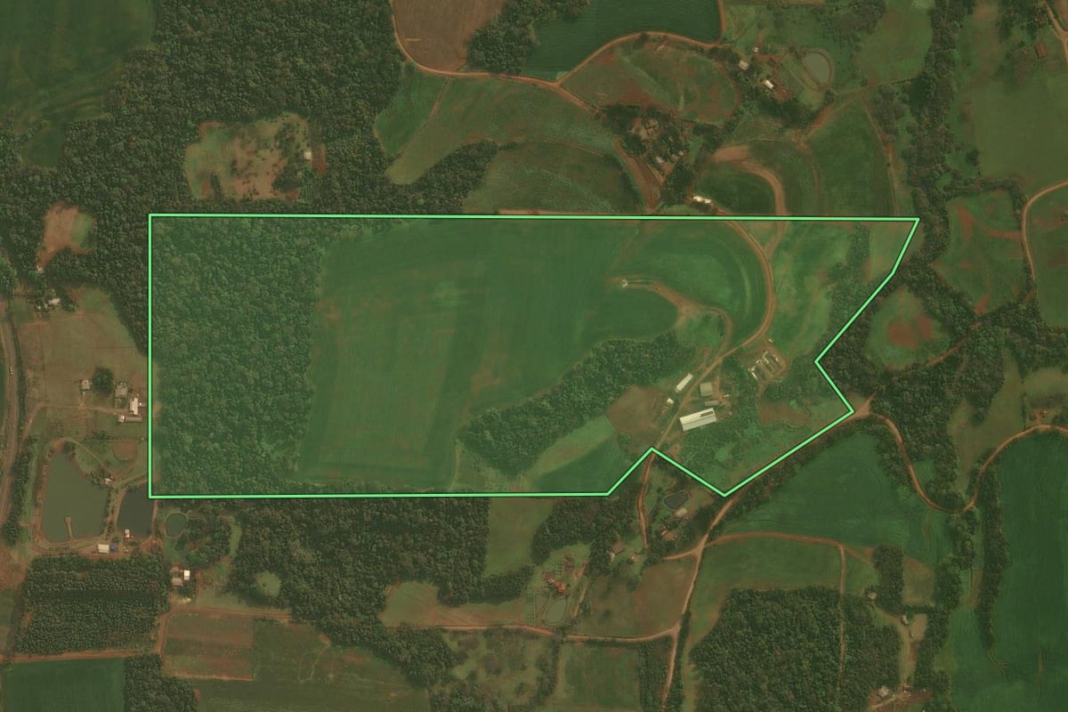 Imagem de satélite do imóvel rural em Panambi (RS), com o contorno declarado no CAR desenhado por cima.