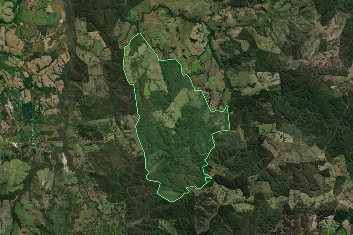 Imagem de satélite do imóvel rural em Pantano Grande (RS), com o contorno declarado no CAR desenhado por cima.