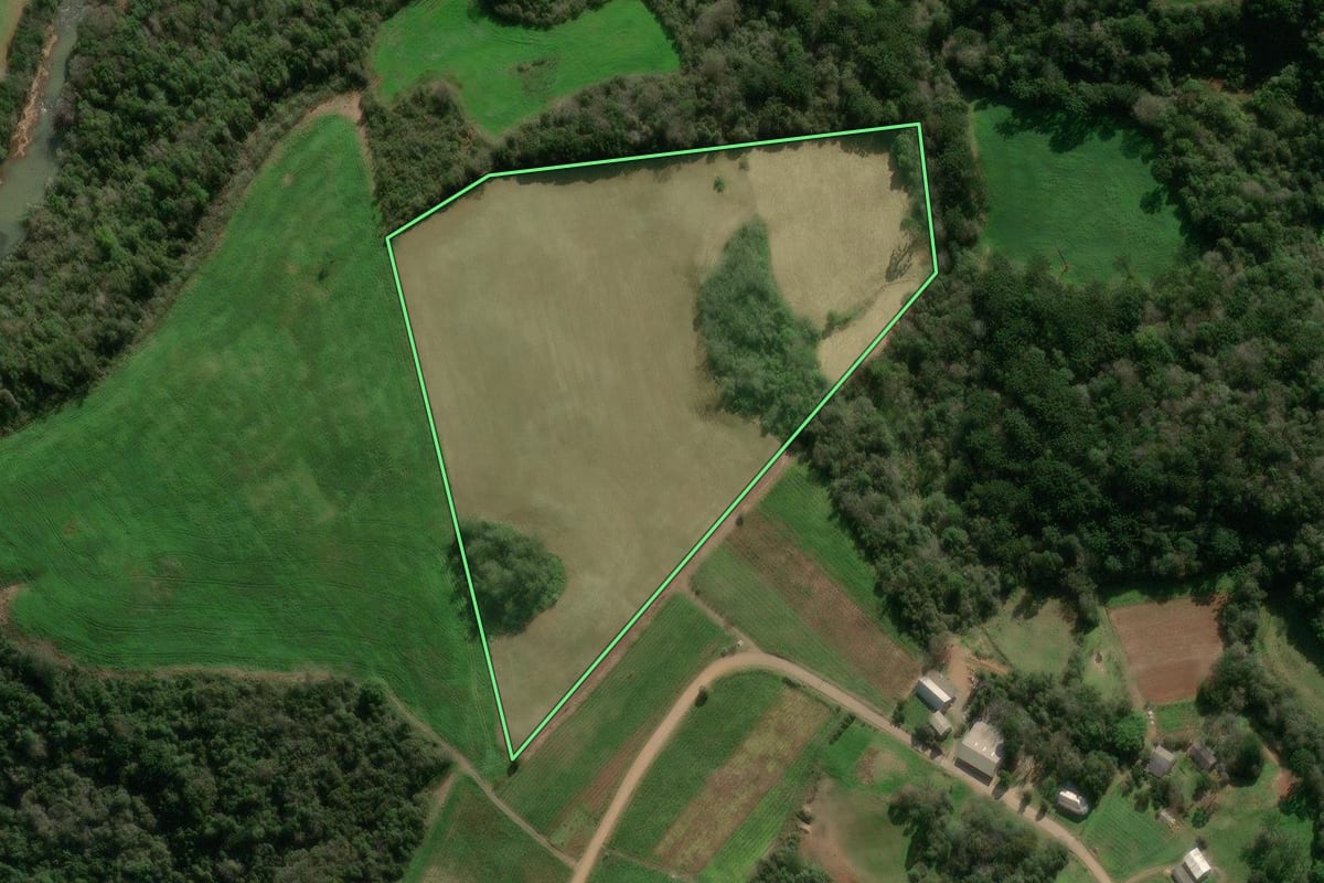 Imagem de satélite do imóvel rural em Paraí (RS), com o contorno declarado no CAR desenhado por cima.