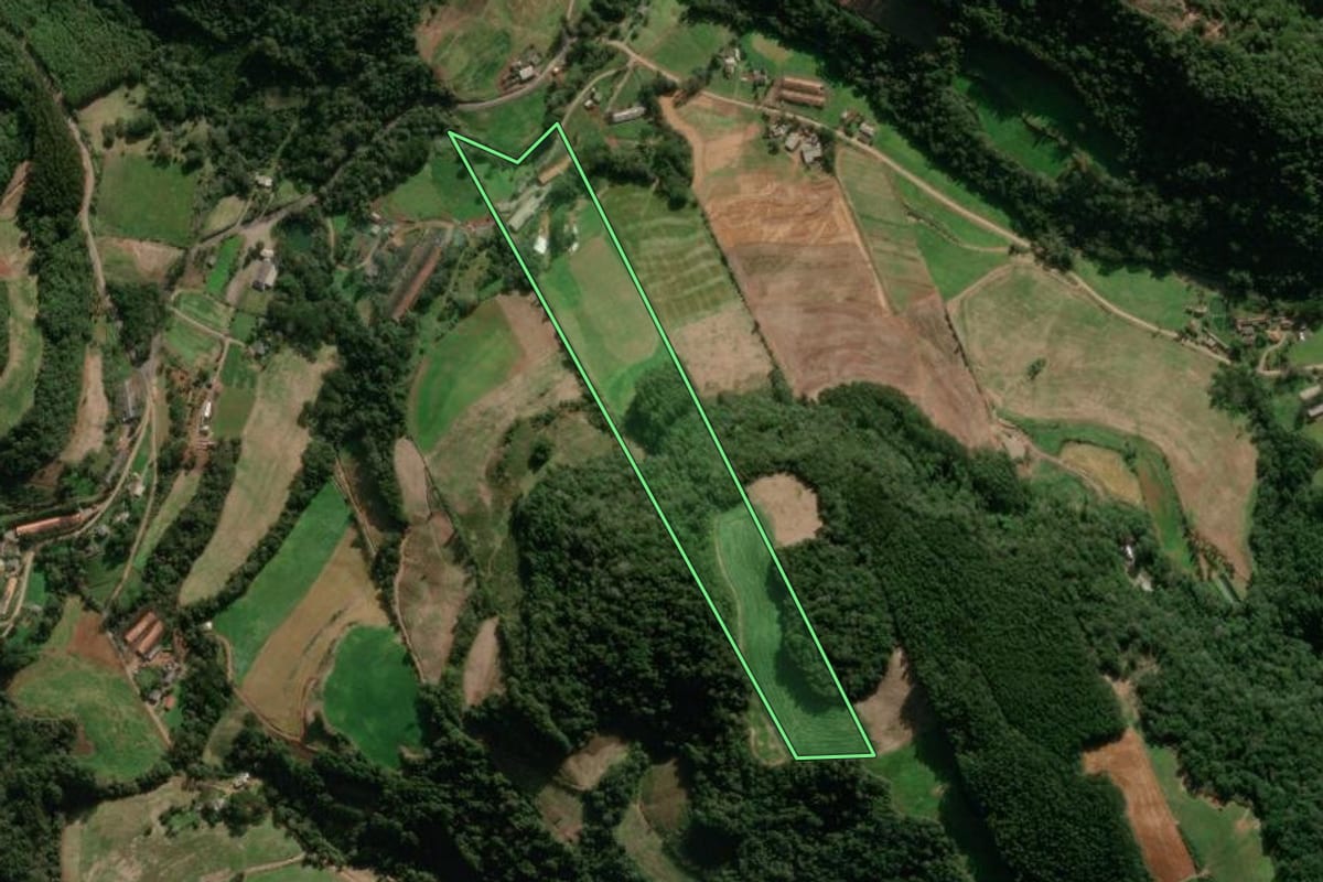 Imagem de satélite do imóvel rural em Paraí (RS), com o contorno declarado no CAR desenhado por cima.